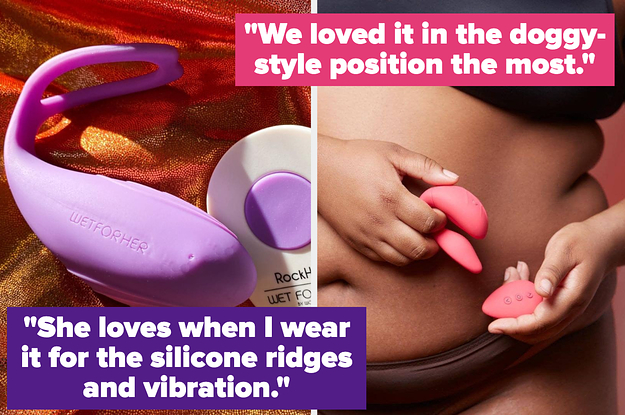Purple wearable vibrator next to white remote and model holding pink wireless vibrator and remote with quotes