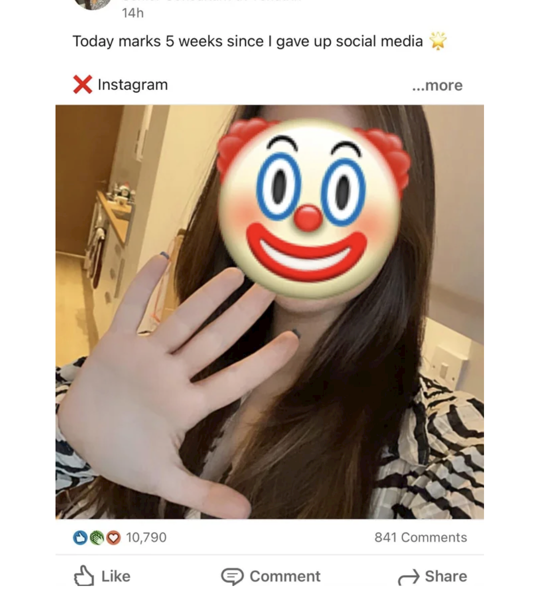 Person with a clown face covering their face on LinkedIn says "Today marks 5 weeks since I gave up social media"