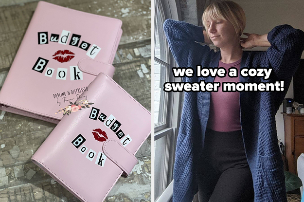 on the left a mean girls-inspired budget book; on the right a reviewer wearing an oversized navy cardigan