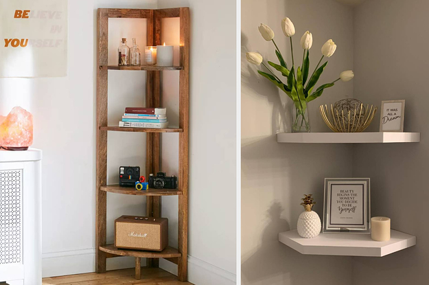 Brown wooden four-tier corner bookshelf with candles, books, and decor on display, white floating corner shelf with plants and frames on display