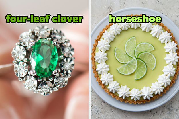On the left, an emerald ring with tiny diamonds surrounding it labeled four-leaf clover, and on the right, a key lime pie topped with whipped cream labeled horseshoe
