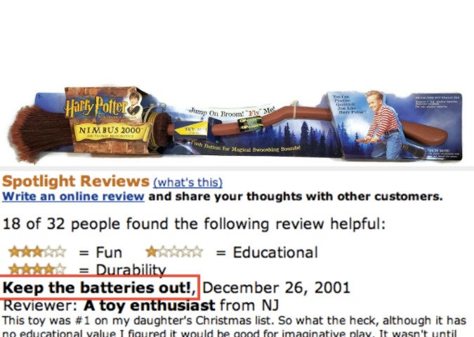 The Harry Potter Nimbus 2000 in its original packaging with an Amazon review that reads, &quot;Keep the batteries out&quot; and discusses how the buyer got the broomstick for their daughter as a Christmas gift, only to learn that it vibrates