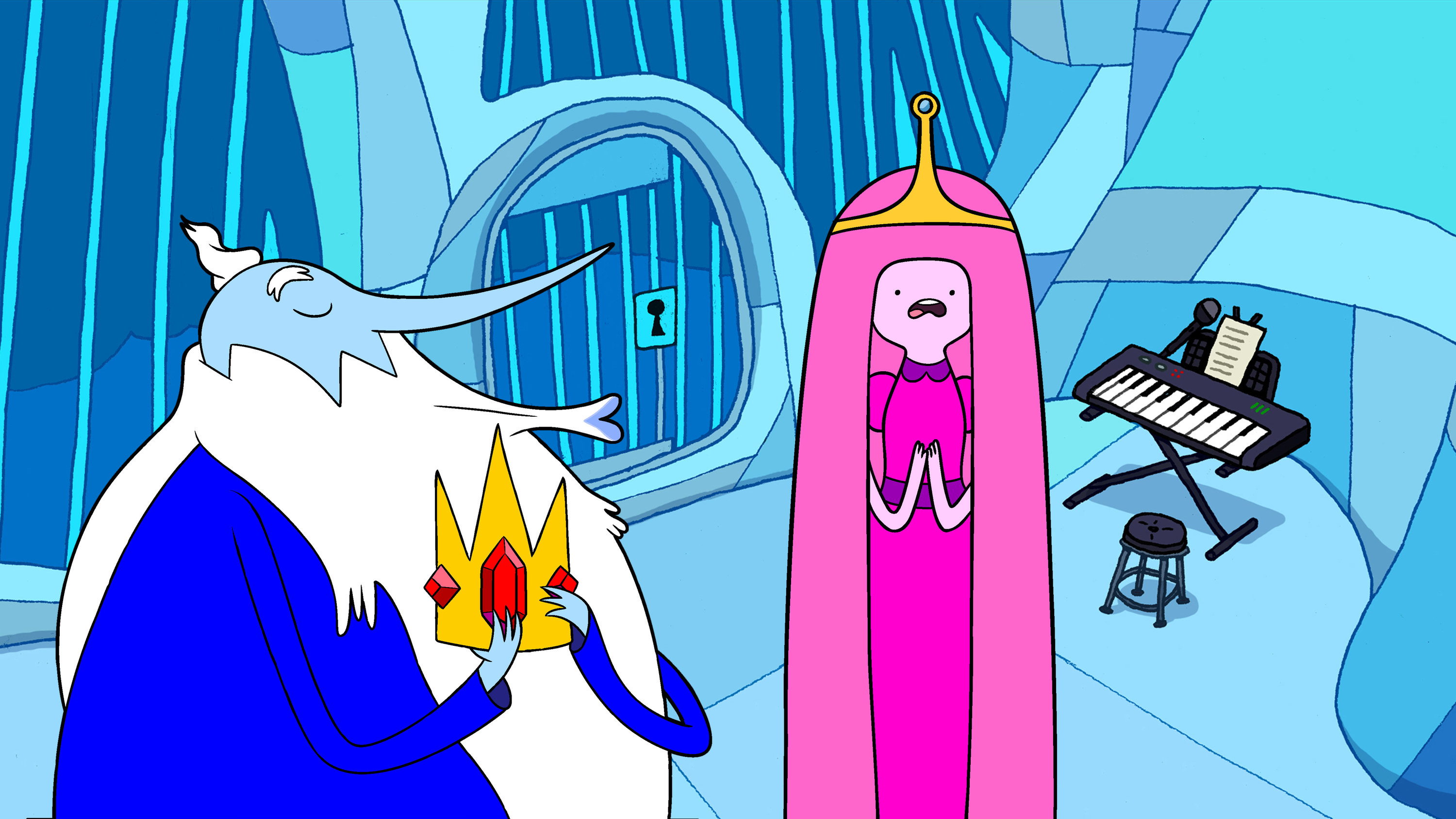 Ice King looks like he wants to kiss Princess Bubblegum, who looks grossed out
