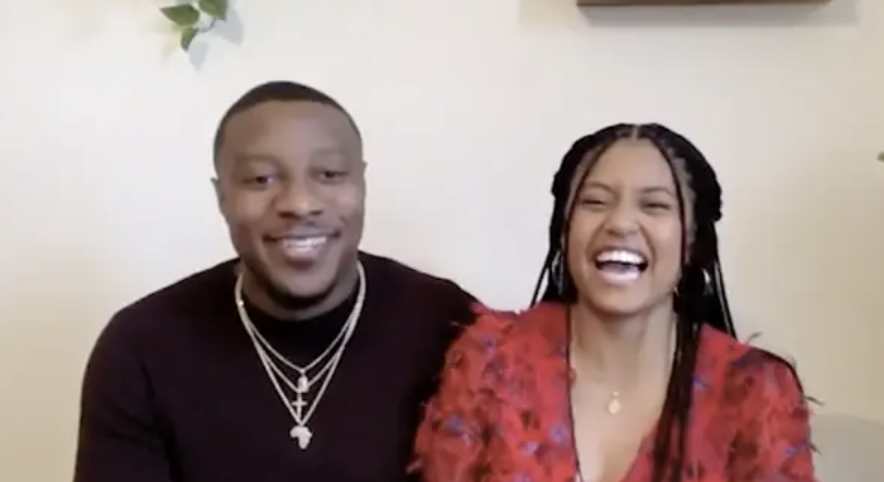 The couple share a laugh as they sit for a virtual interview