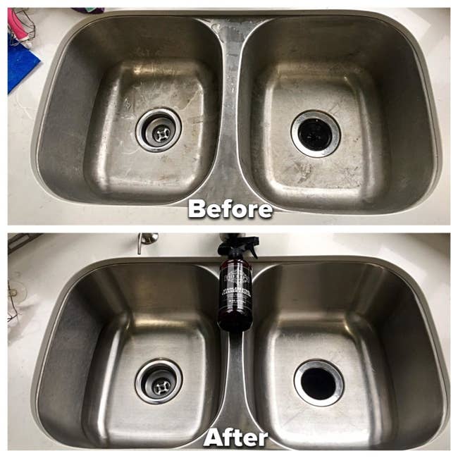 reviewer before-and-after showing their stainless steel sink looking brand new after using stainless steel cleaner 