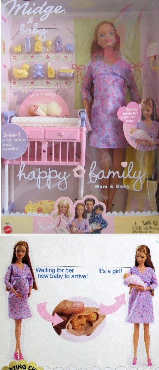 The Happy Family Midge doll in its original packaging, with the box showing how Midge&#x27;s pregnant stomach can be detached from the doll&#x27;s body to reveal a baby inside the removed belly
