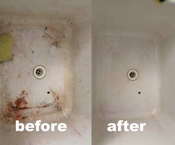 before and after reviewer used the pink stuff on a dirty sink drain
