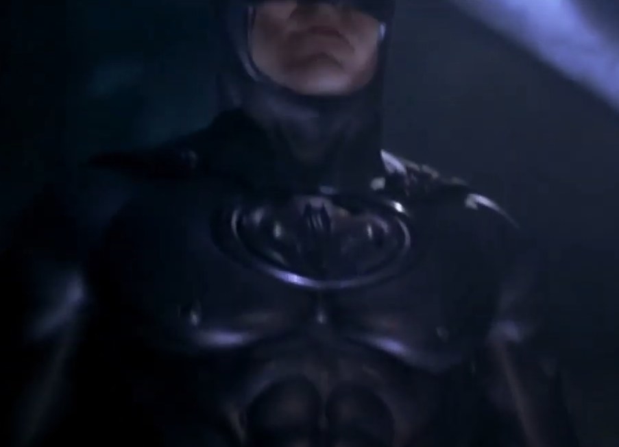 A close up image of the chest piece of George Clooneys batsuit