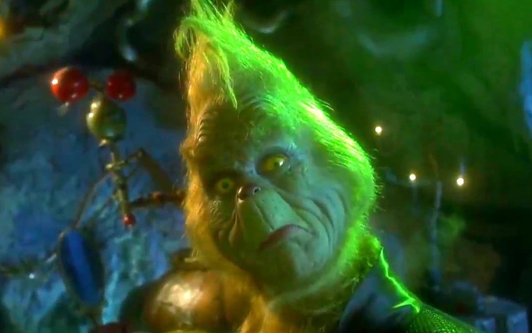 Jim Carrey as the Grinch looks at the camera with wide eyes