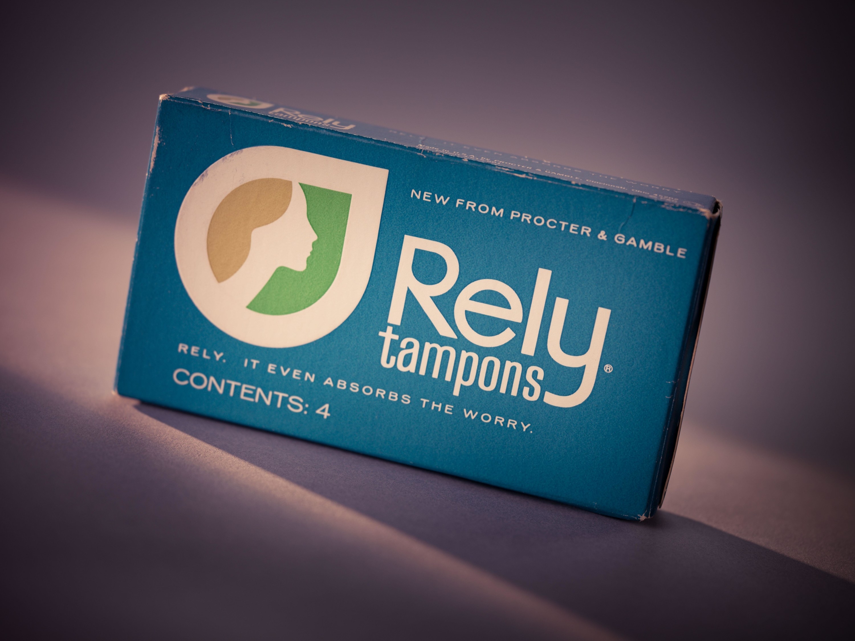 A box of Rely tampons with the slogan, &quot;Rely. It even absorbs the worry.&quot;