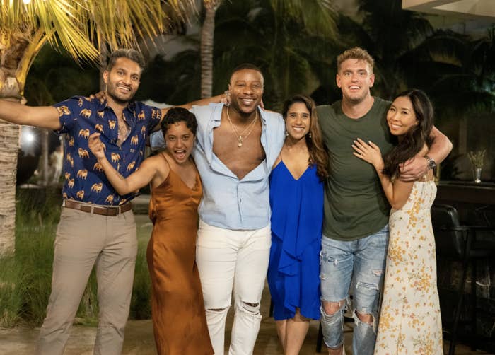 six of the Love is Blind contestants pose for a group photo