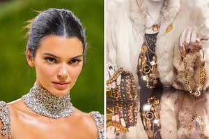 Kendall Jenner is on the left looking at a woman in fur and jewels