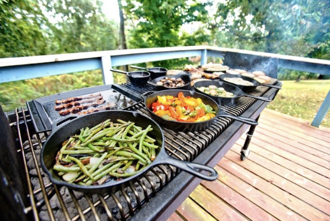 Cast iron skillets on grills