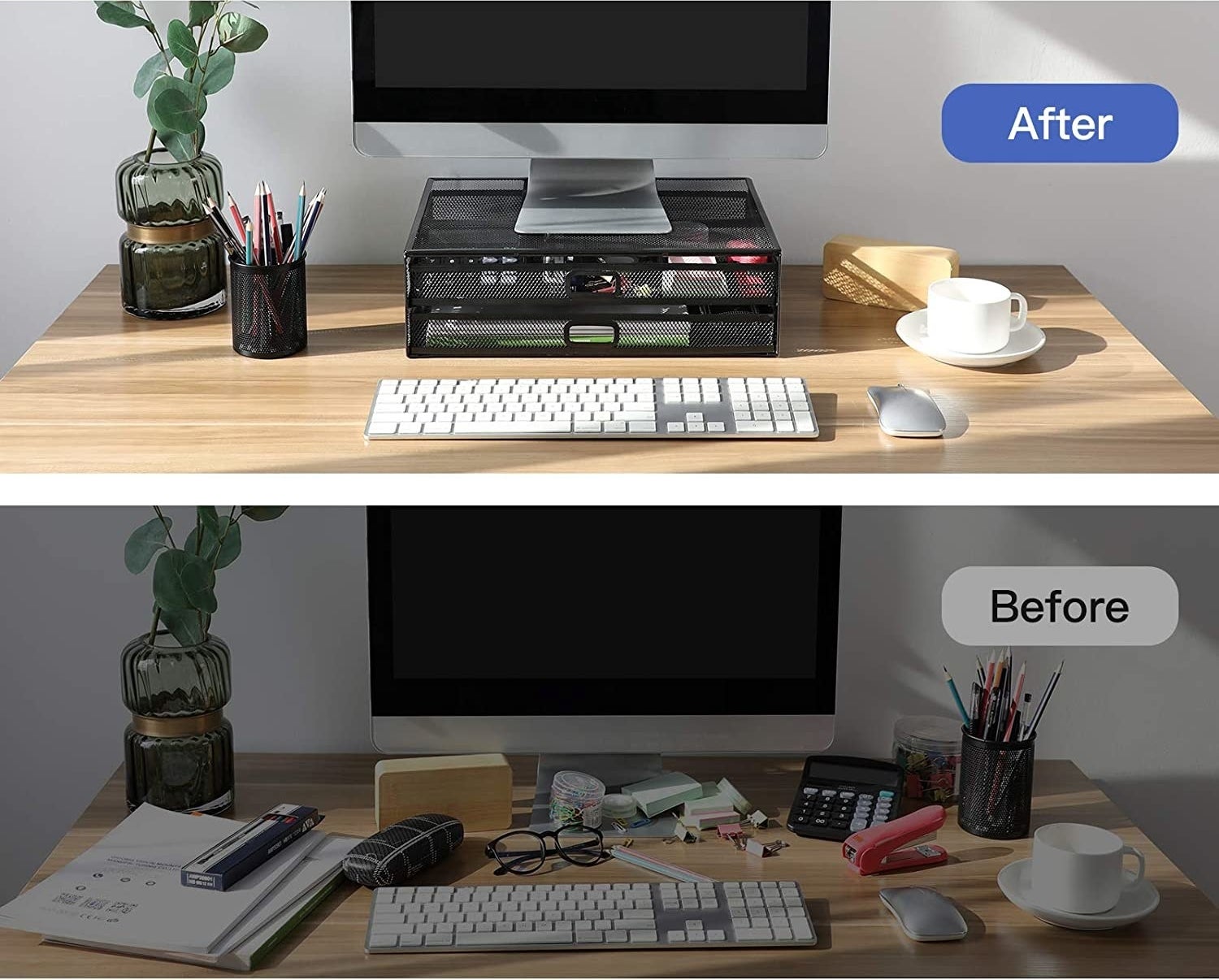 A before and after image should a desk cluttered with objects and then look super neat with the monitor riser