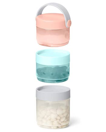 A photo showing that the various containers are stackable