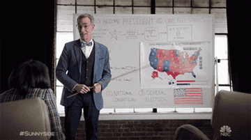 Bill Nye the Science Guy standing in front of a whiteboard with a map of the US