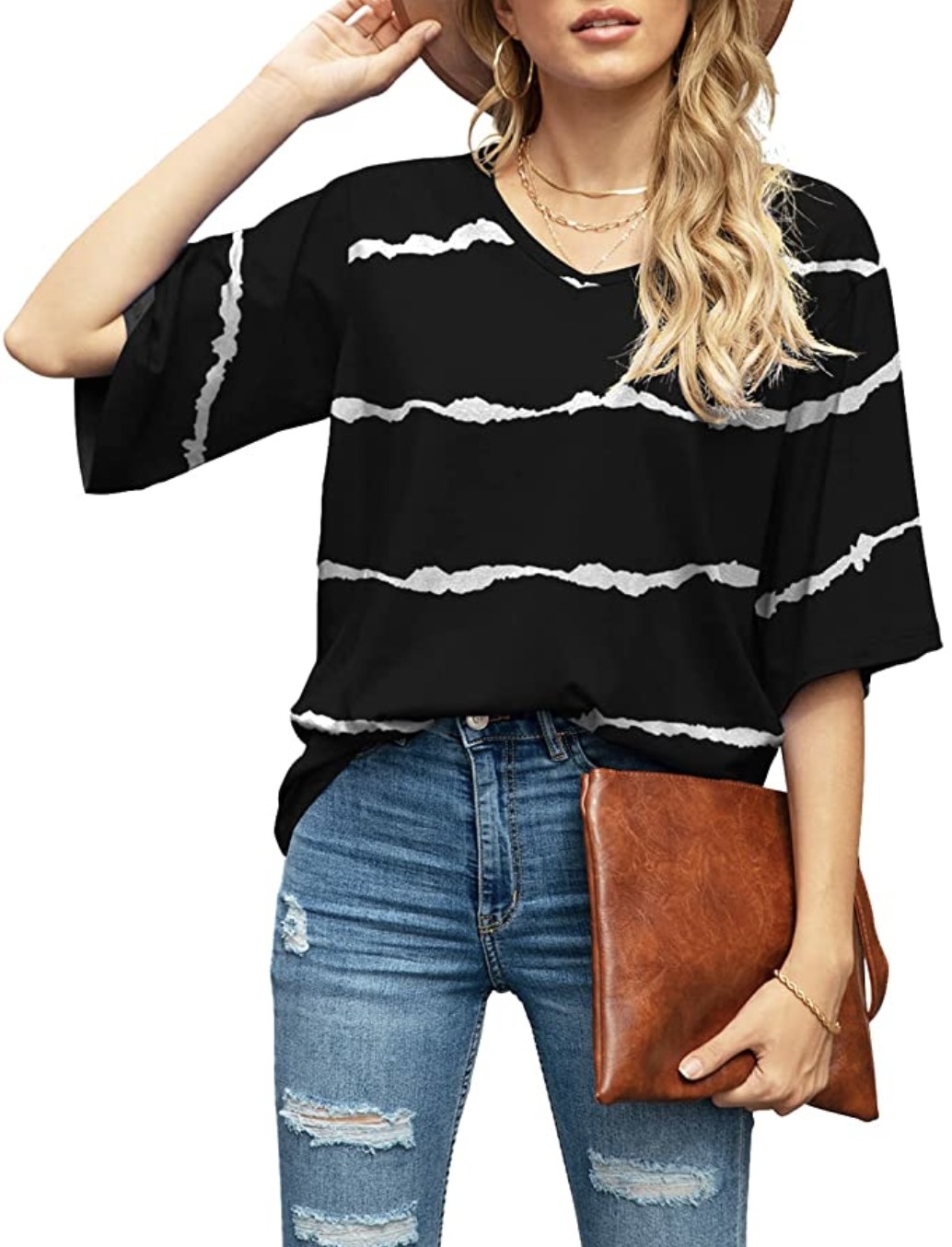 a person wearing the shirt in black with white stripes