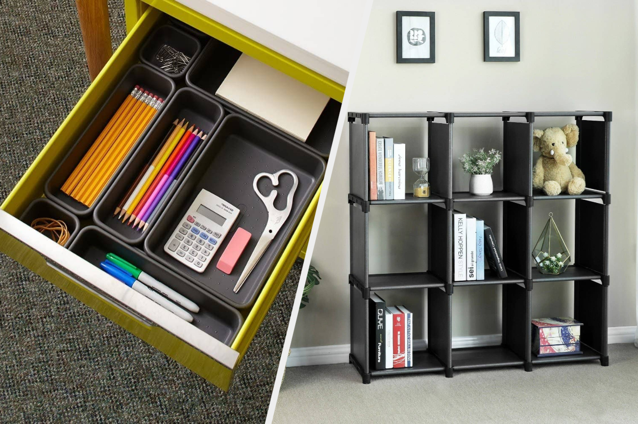 A drawer with small plastic bins inside organizing different office supplies, A cube-shaped shelf with nine smaller cubes holding books, plants, and other knickknacks