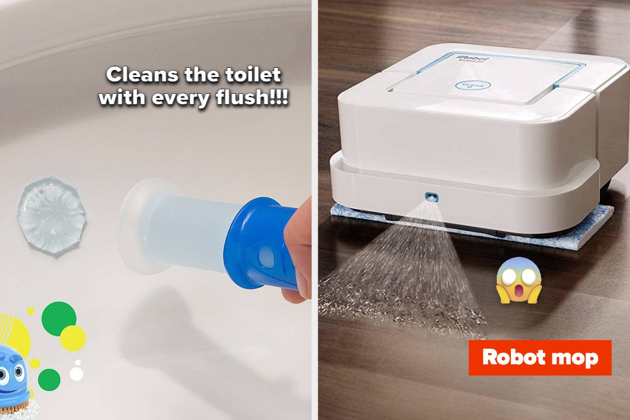 (left) scrubbing bubbles toilet cleaner (right) robot mop