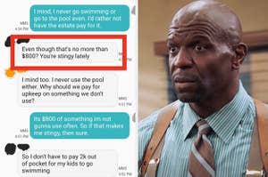 a rectangle around a message where a sibling calls another sibling stingy, next to shocked terry crews