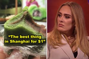 Side-by-side of a qīngtuán street food item and Adele looking intrigued