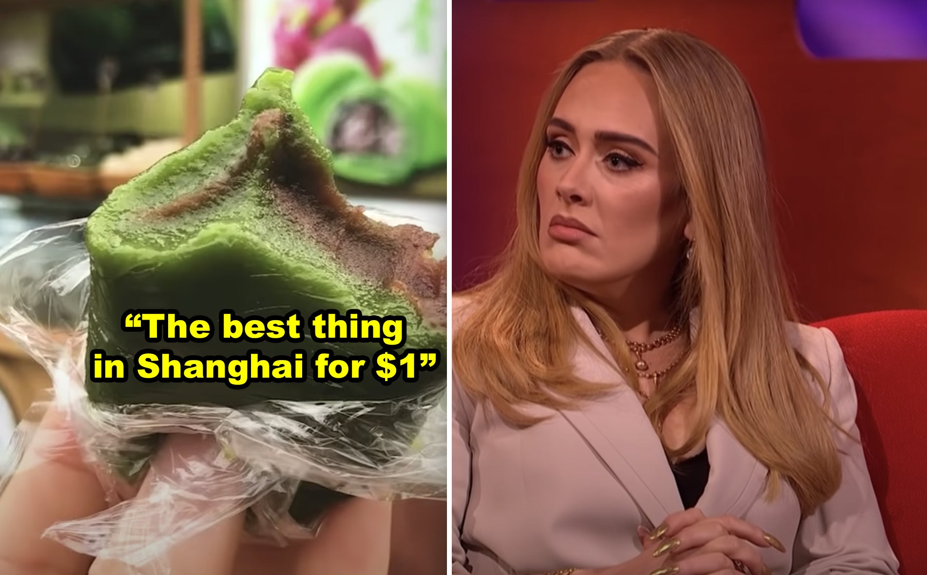 Side-by-side of a qīngtuán street food item and Adele looking intrigued