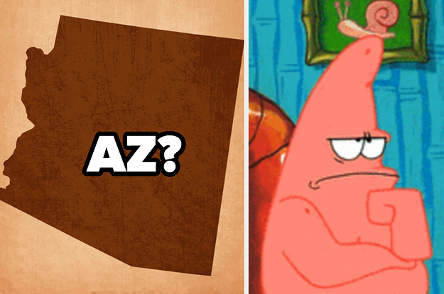 map of arizona state labeled "AZ?" and patrick looking stumped on spongebob squarepants
