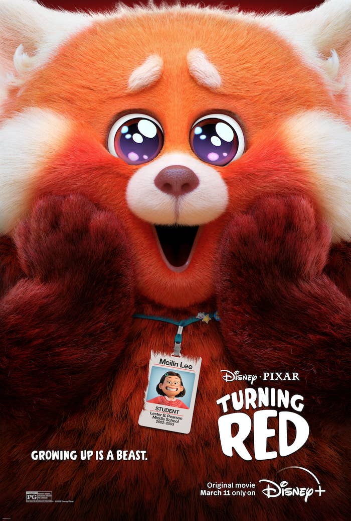 The movie poster for &quot;Turning Red&quot; with a close-up shot of a giant red panda looking shocked with hands on her face