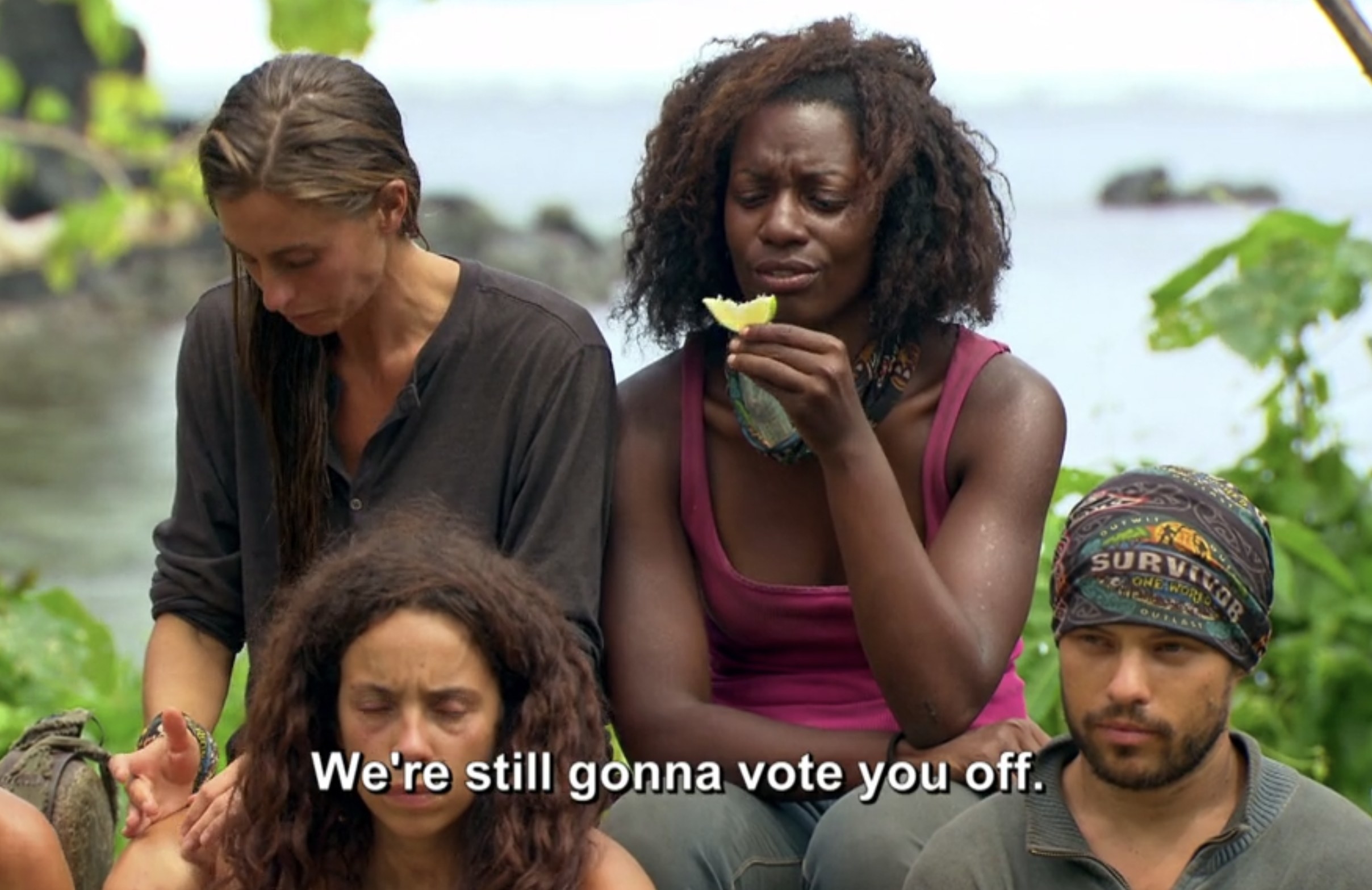sabrina from one world eating a lime from a margarita saying &quot;we&#x27;re still gonna vote you off&quot;