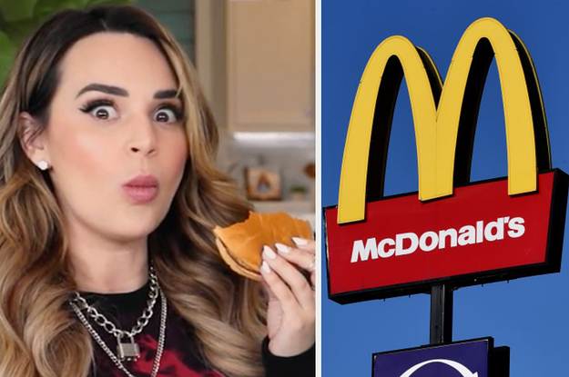 shocked woman eating a burger next to a McDonald's sign