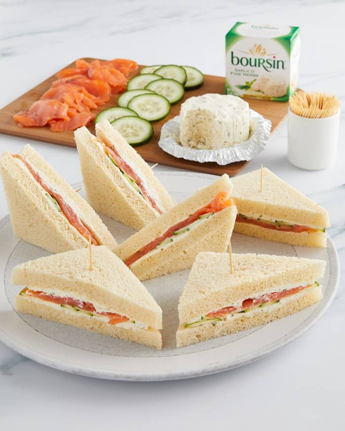 Boursin cheese, cucumber and lox tea sandwiches made with white bread