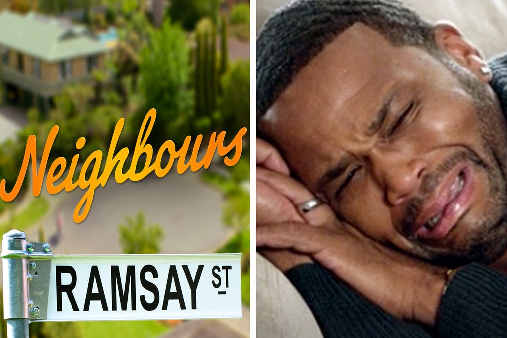 Left: Neighbours logo; Right: A man crying