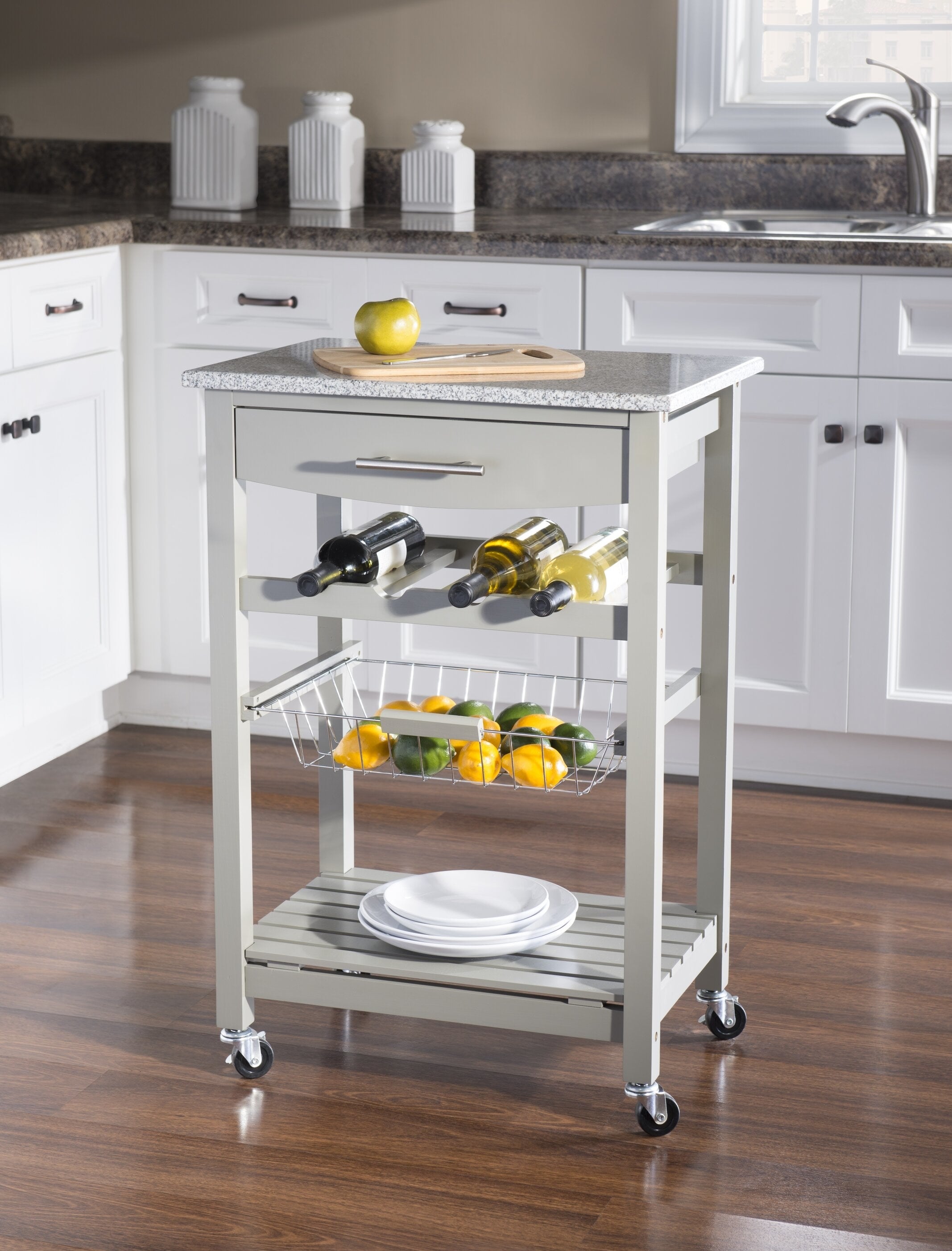 kitchen island cart with marble top and gray shelves and legs and wheels