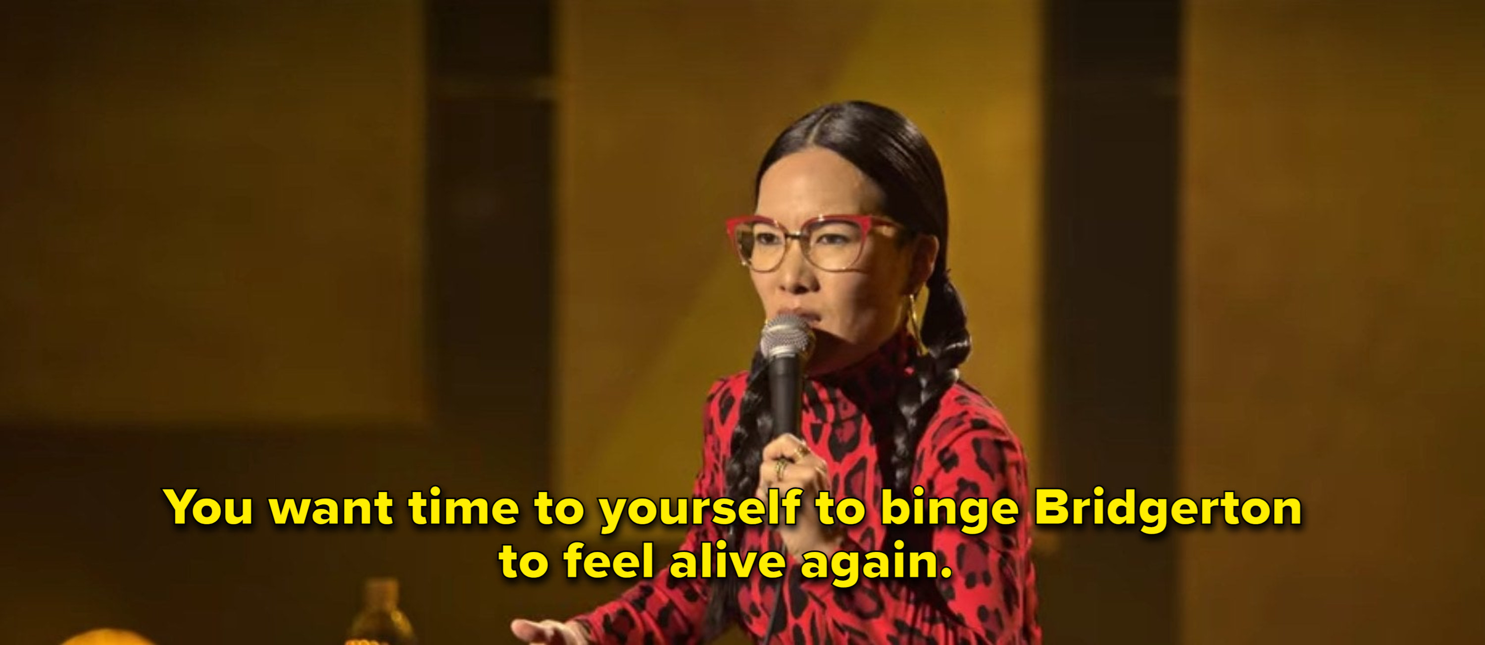 Ali Wong saying, &quot;You want time to yourself to binge &#x27;Bridgerton&#x27; to feel alive again.&quot;