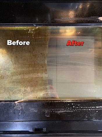 Reviewer image of oven door before and after product is used on it