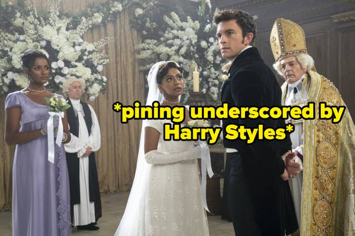 a wedding during the season with the words "pining underscored by Harry Styles"