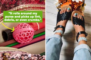L: pink honeycomb ball with text on the image that says "it rolls around in my purse and picks up lint, debris, or even crumbs" R: model wearing black braided huarache sandals