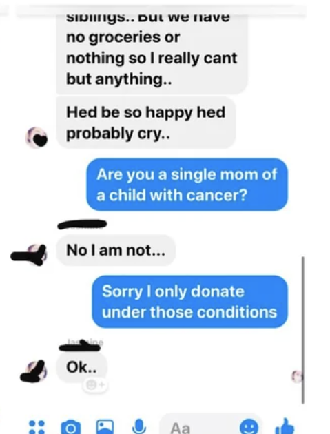 Text responding to mother, stating &quot;sorry I only donate under those conditions&quot;