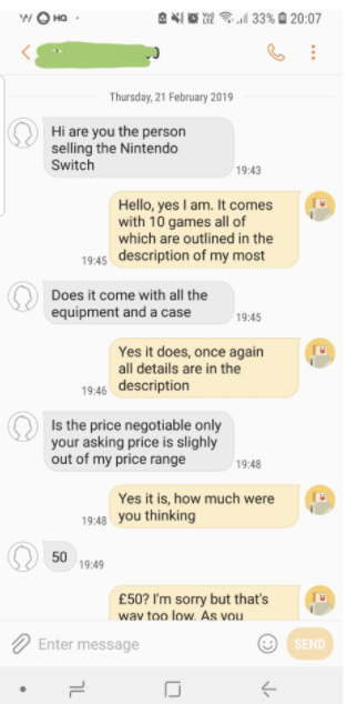 Text conversation negotiating prices
