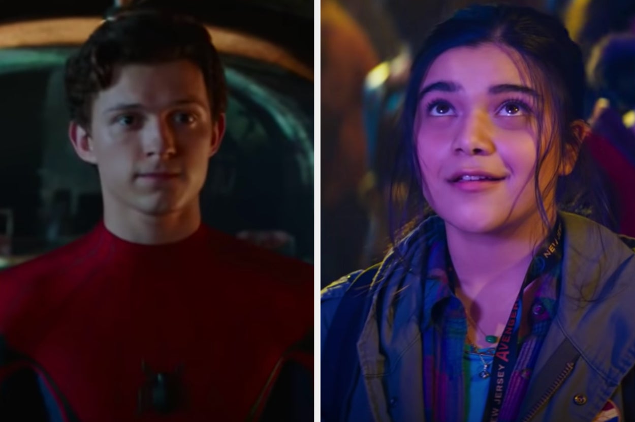 Spider-Man is on the left with Ms. Marvel on the right