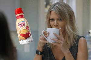coffee mate creamer on the left and a woman drinking coffee on the right