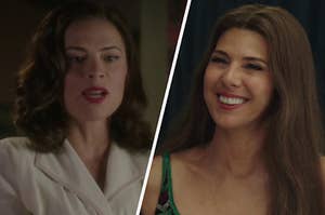 A close up of Peggy Carter as she's mid sentence and Aunt May Parker as she smiles