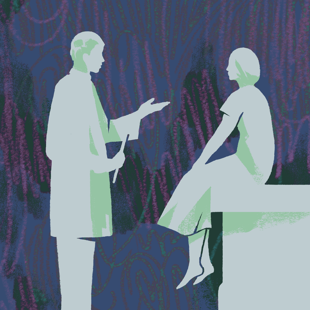 Illustrated image of a patient sitting on an exam table speaking with a doctor