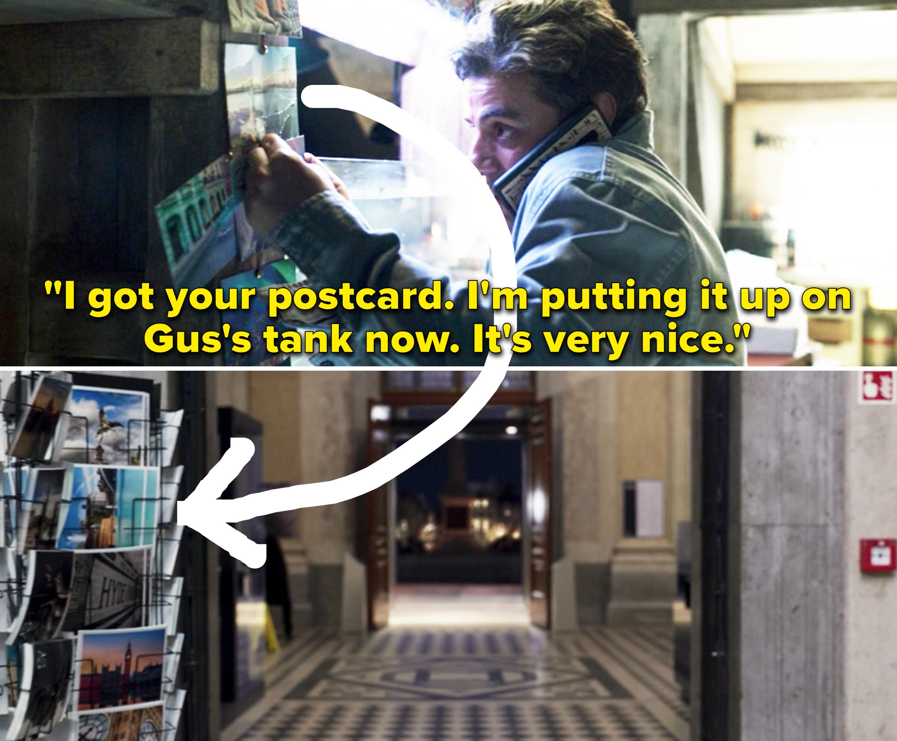 in one scene Steven is putting a postcard up and in the next an arrow points to the rack of postcards
