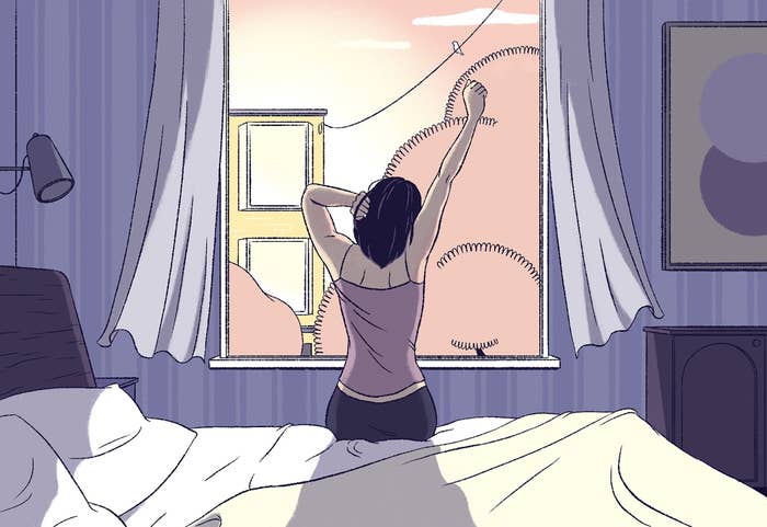 Illustration of a woman stretching after waking up