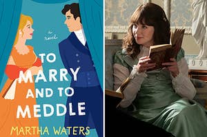 (left) cover of To Marry and to Meddle; (right) Eloise Bridgerton looks slyly off camera with an open book in her hands