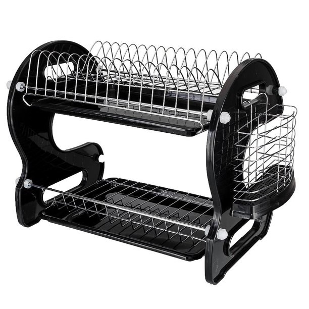 the two tier dish drying rack in black and chrome