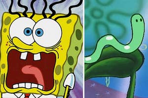 spongebob screaming on the left and wormy on the right