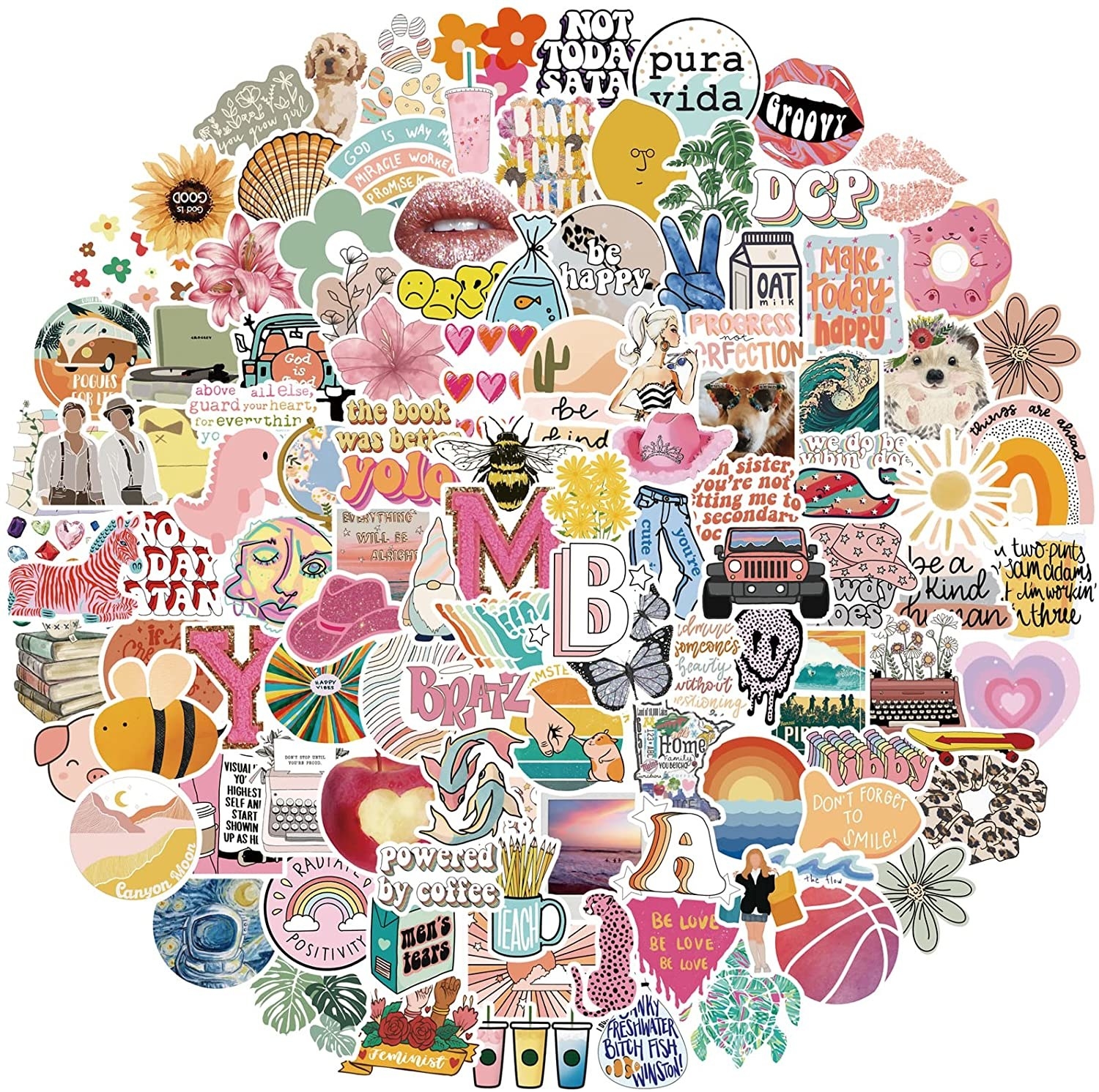 All of the stickers arranged in a big circle on a plain background