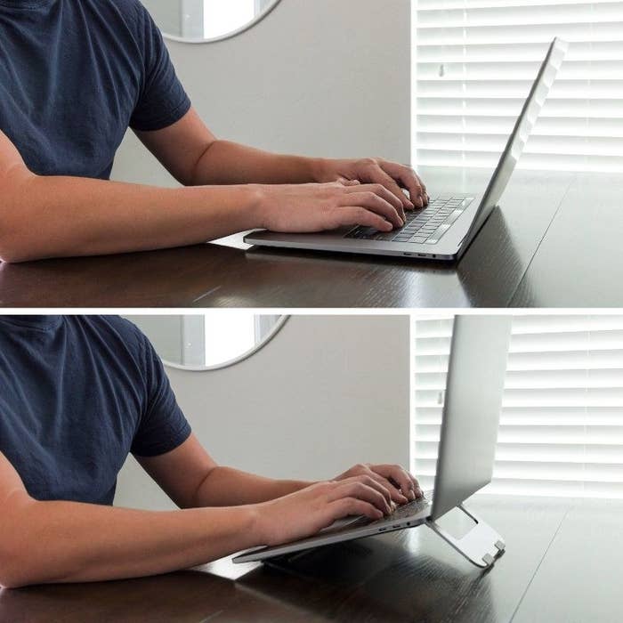 Before and after photos of a model using a computer without and with the laptop stand